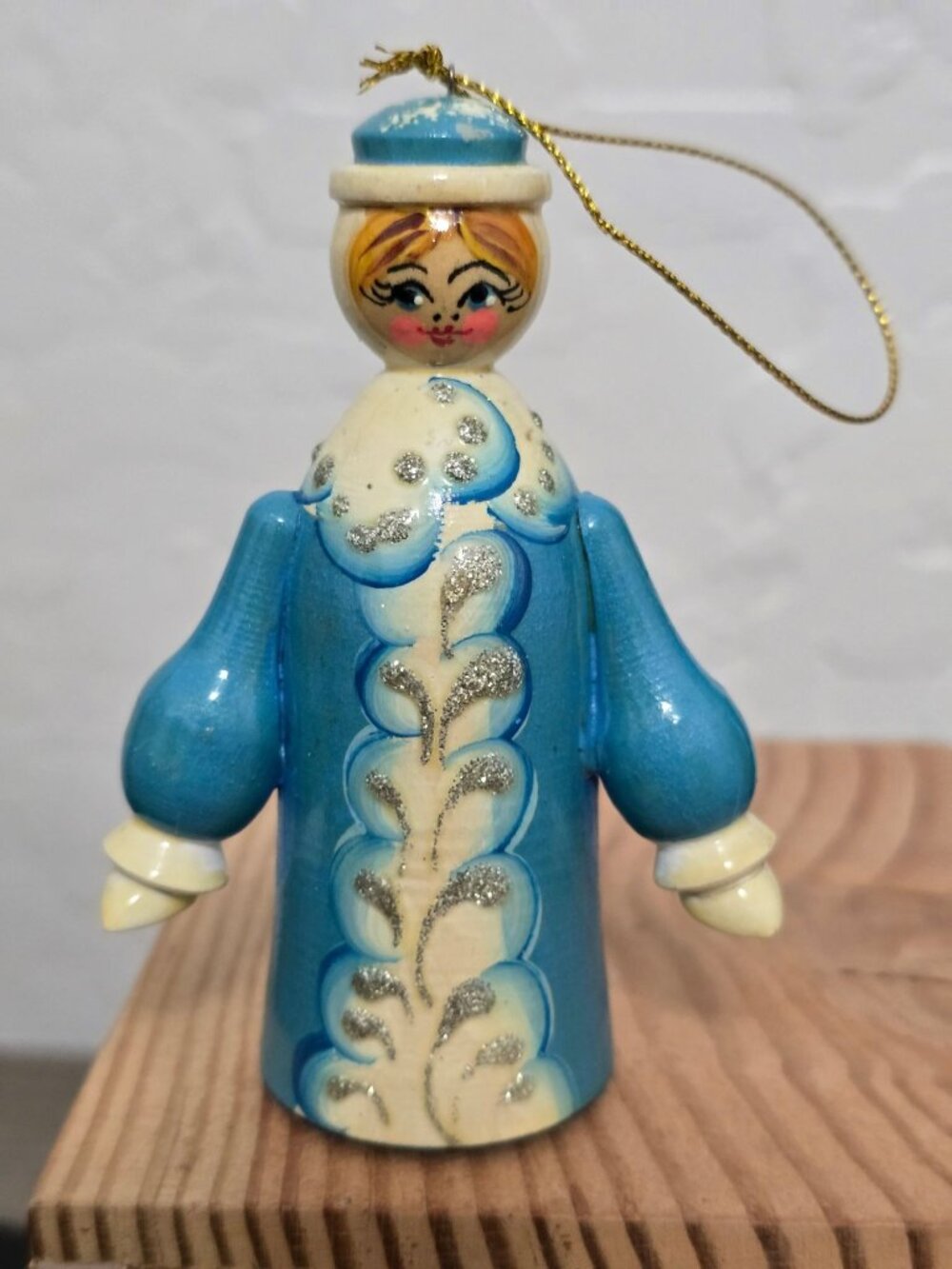 Russian Snow Maiden Wooden Christmas Ornament Blue and White